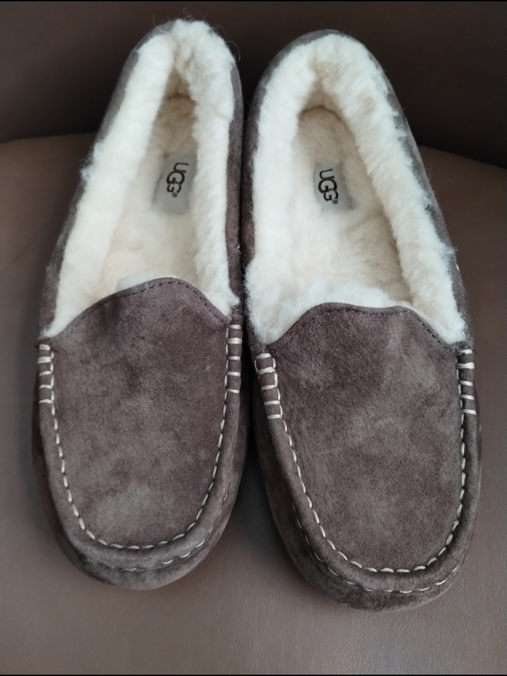 UGG Brown Suede Shearling-Lined Moccasin Slippers